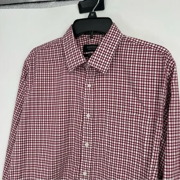 Nordstrom Red Check Button Down Shirt Trim Fit 100% Cotton Wrinkle Free Size 16" - Picture 2 of 7